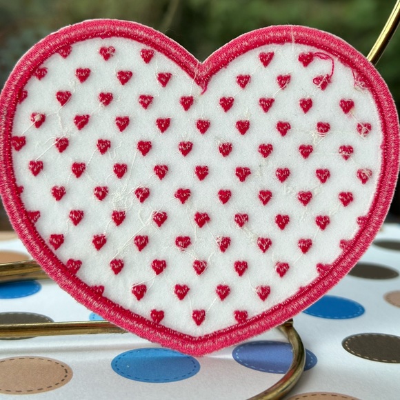 Pink Heart shaped Embroidered patch with tiny hearts dotted filling the heart 3D - Picture 3 of 5
